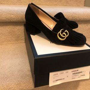 Gucci marmont fringed suede block heels (size 38)